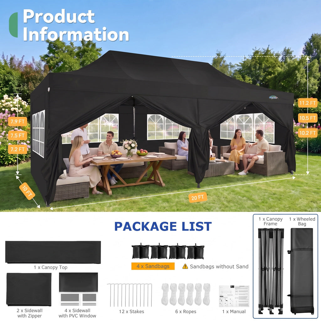 10x20 FT EZ Pop Up Canopy Anti-UV Waterproof Outdoor Tent Portable Party Commercial Instant Canopy Shelter Height Adjustable Tent Gazebo with 6 Removable Sidewalls, 4 Sandbags, Roller Bag