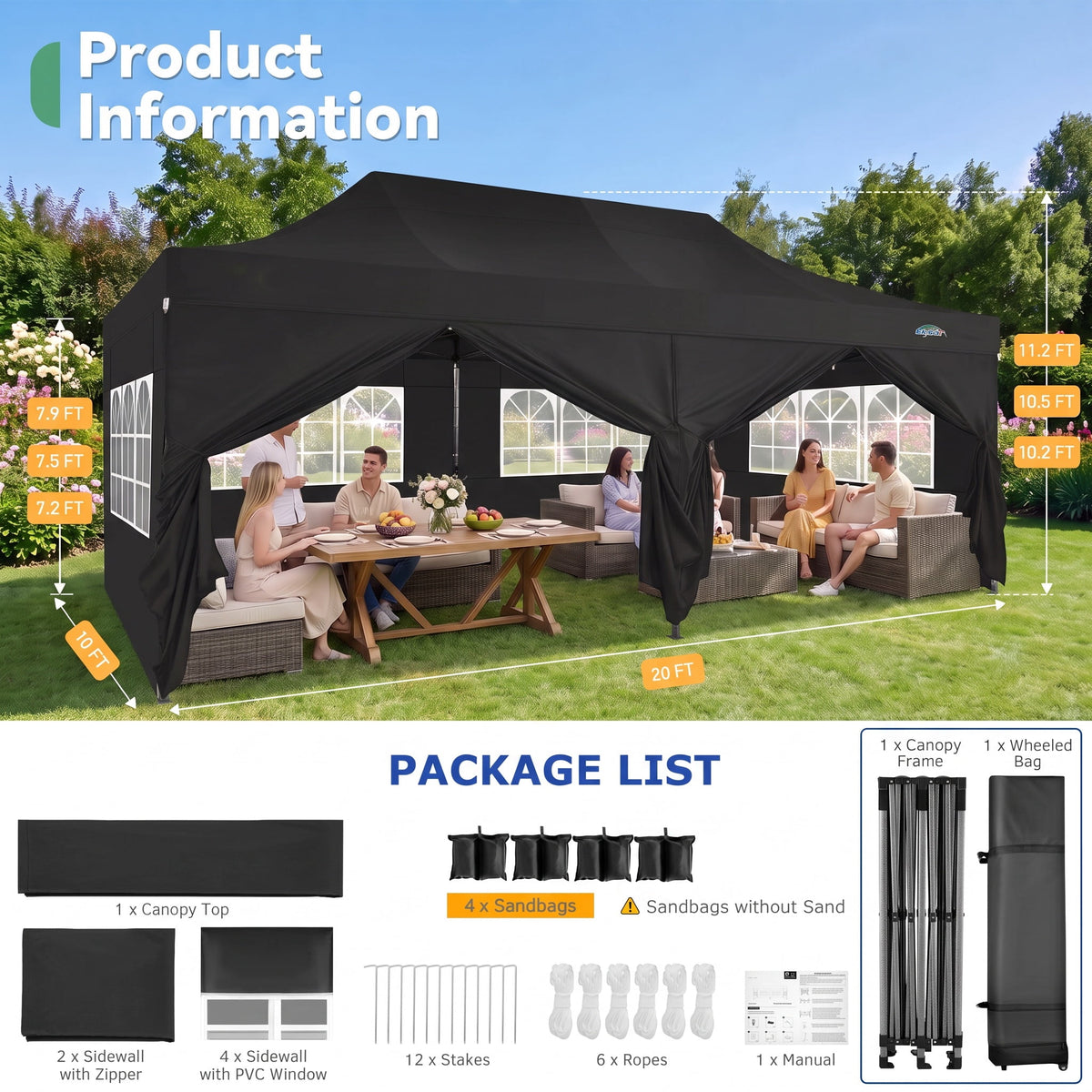 10x20 FT EZ Pop Up Canopy Anti-UV Waterproof Outdoor Tent Portable Party Commercial Instant Canopy Shelter Height Adjustable Tent Gazebo with 6 Removable Sidewalls, 4 Sandbags, Roller Bag