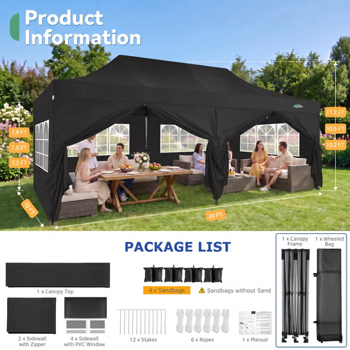 10x20 FT EZ Pop Up Canopy Anti-UV Waterproof Outdoor Tent Portable Party Commercial Instant Canopy Shelter Height Adjustable Tent Gazebo with 6 Removable Sidewalls, 4 Sandbags, Roller Bag