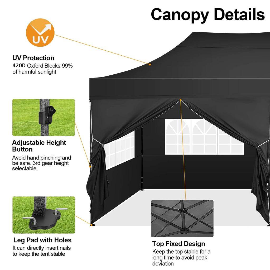 10x20 FT Heavy Duty Pop Up Canopy Tent, Reinforced Frame Holds 220 LBS Per Leg, 6 Removable Sidewalls, Waterproof and Windproof for Backyard, Trade Show, Wedding and Outdoor Party, Black