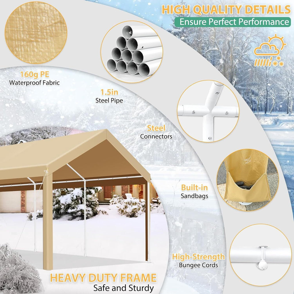 10x20ft Carport Heavy Duty, Portable Car Garage with Built-in Sandbags, Waterproof Car Canopy for Truck, Boat, SUV with All-Season Tarp, Khaki