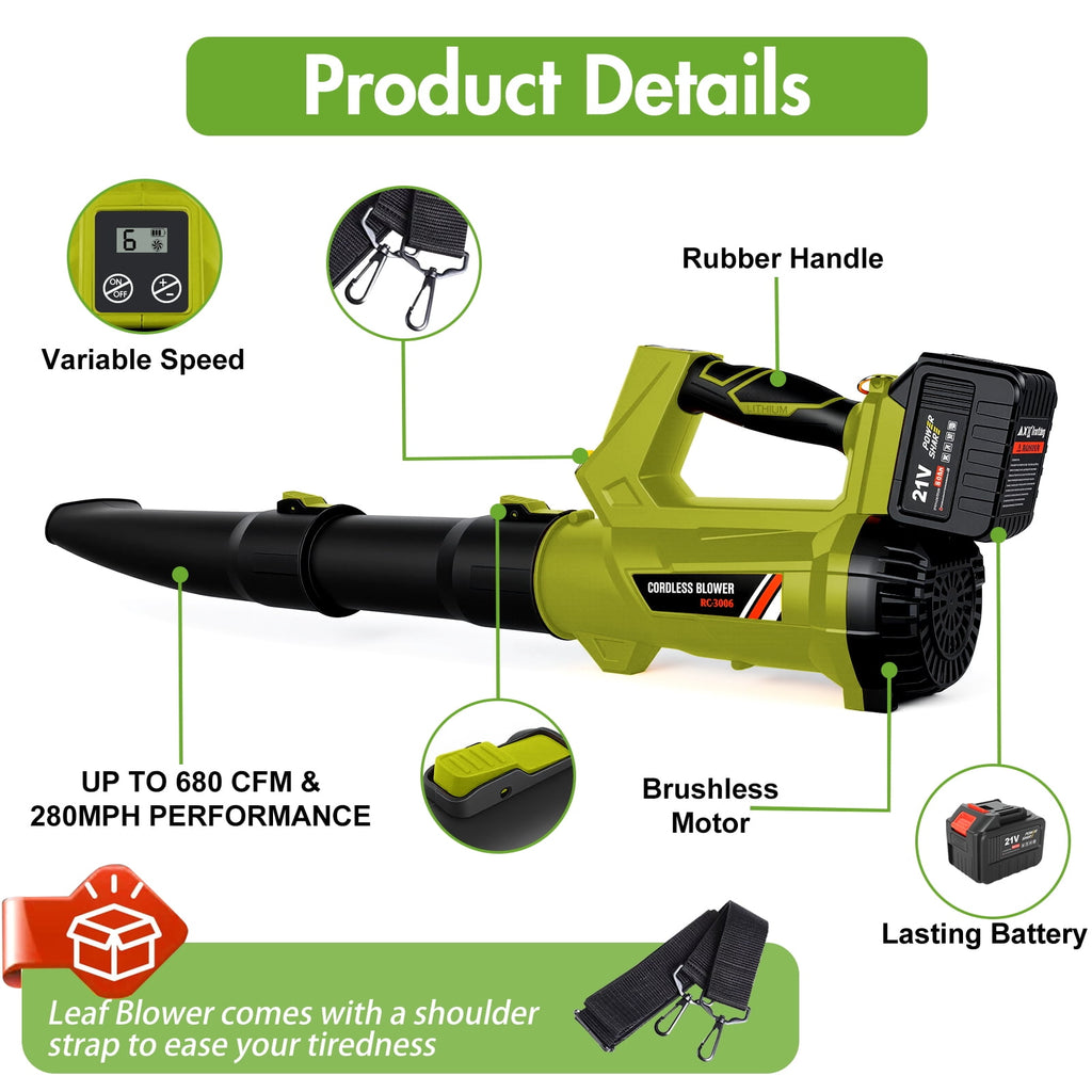 Leaf Blower, 680CFM/280MPH Electric Cordless Leaf Blower with 2*6.0Ah Batteries and Charger, 6 Speed Mode, Lightweight Leaf Blowers for Blowing Leaves, Lawn Care, Patio Cleaning and Dust
