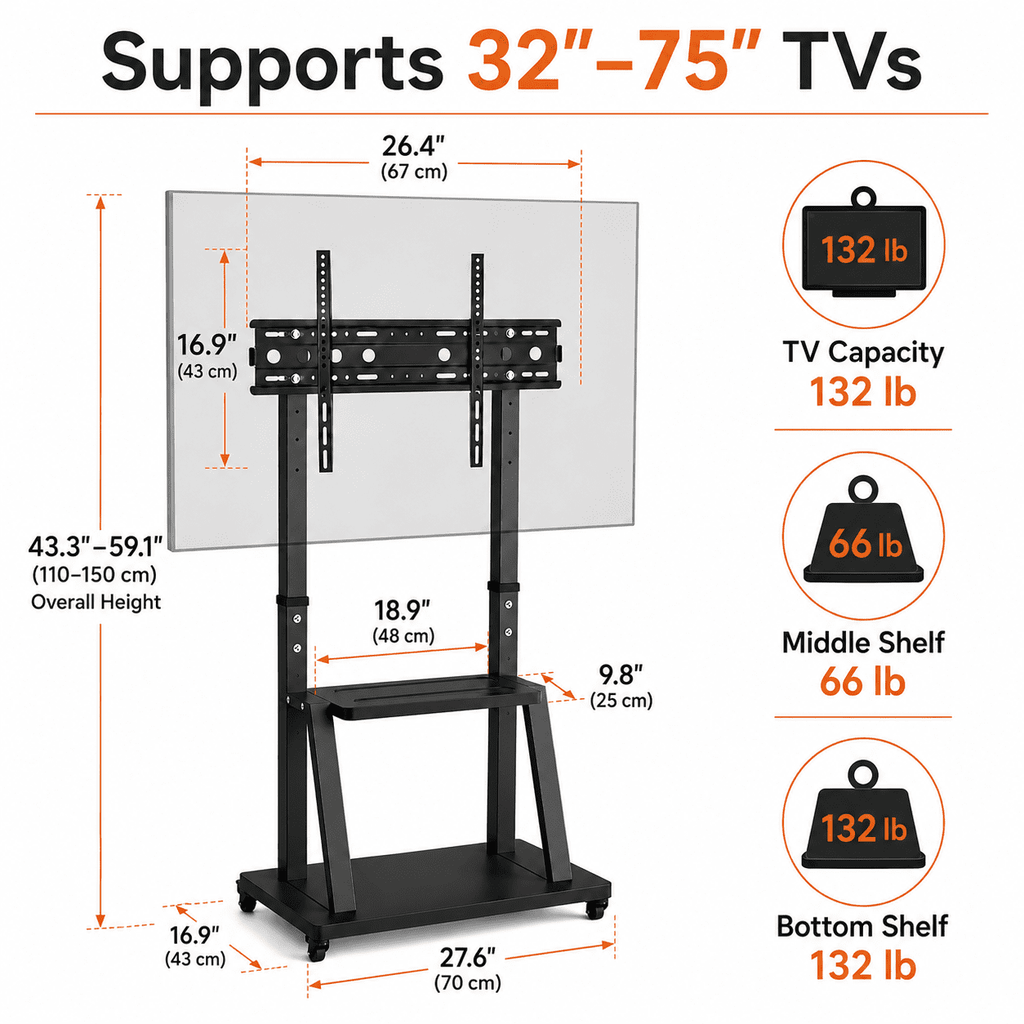 32-75 inch Height Adjustable Rolling TV Stand, Holds up to 420 lbs, VESA 600x400mm,Black
