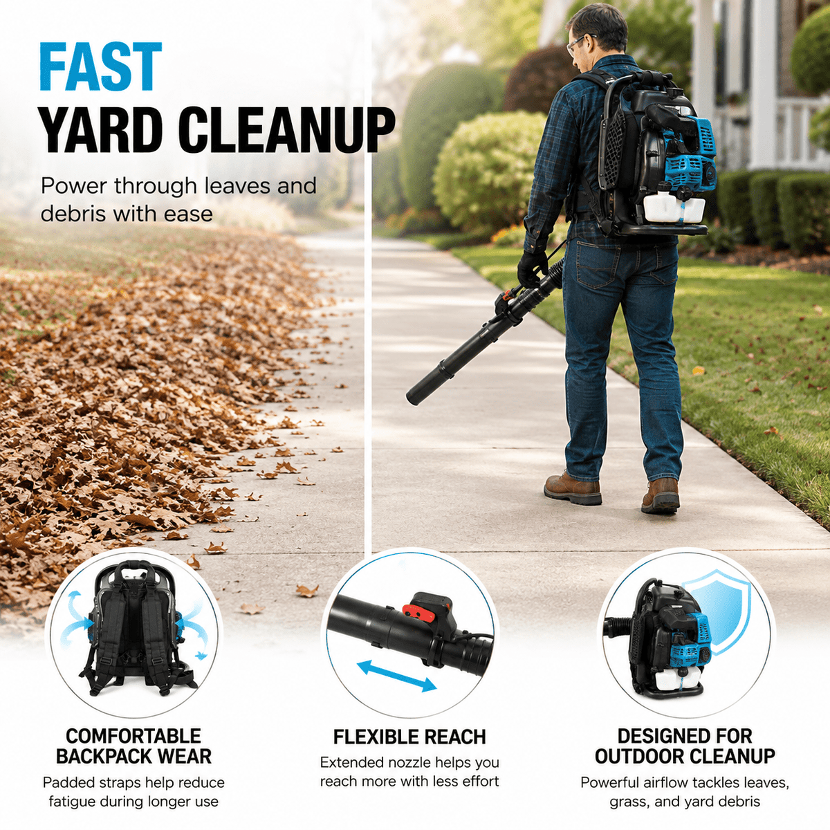 Gas Backpack Leaf Blower, 75.6CC Powerful Engine 2-Cycle Outdoor Leaf Blower with 87M/S Air Speed, High Air Volume, Padded Harness, Long Reach Tube for Yard, Lawn and Debris Cleanup