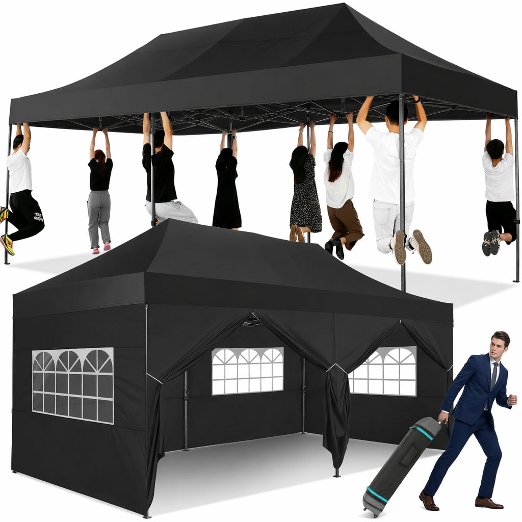 10x20 FT Heavy Duty Pop Up Canopy Tent, Reinforced Frame Holds 220 LBS Per Leg, 6 Removable Sidewalls, Waterproof and Windproof for Backyard, Trade Show, Wedding and Outdoor Party, Black