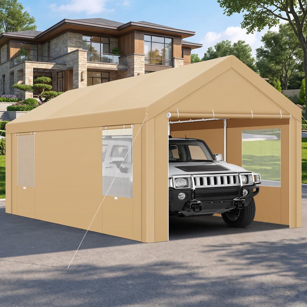 10x20ft Carport Heavy Duty, Portable Car Garage with Built-in Sandbags, Waterproof Car Canopy for Truck, Boat, SUV with All-Season Tarp, Khaki