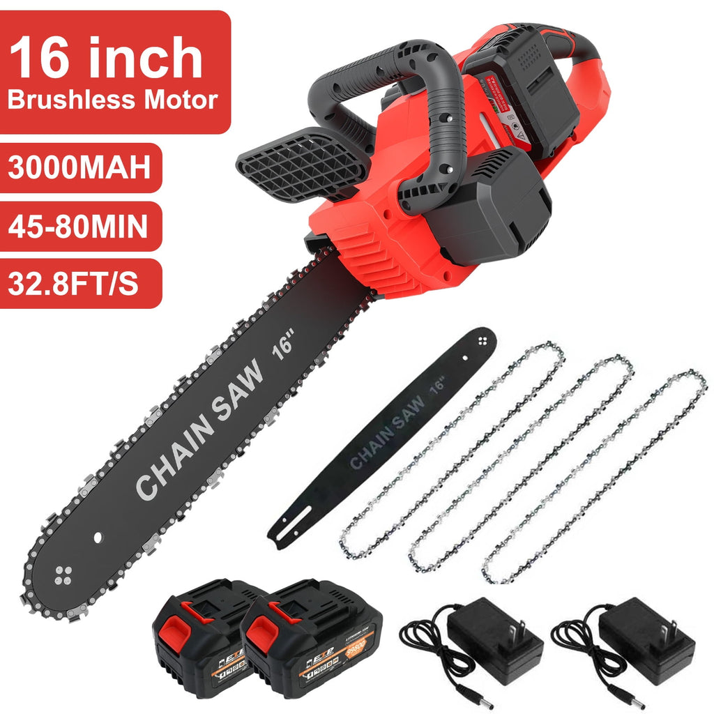 BAOKALER 16 inch Cordless Chainsaw with 42V 2 x 3.0Ah Batteries, 3 Chains and Dual Chargers for Tree Trimming & Wood Cutting