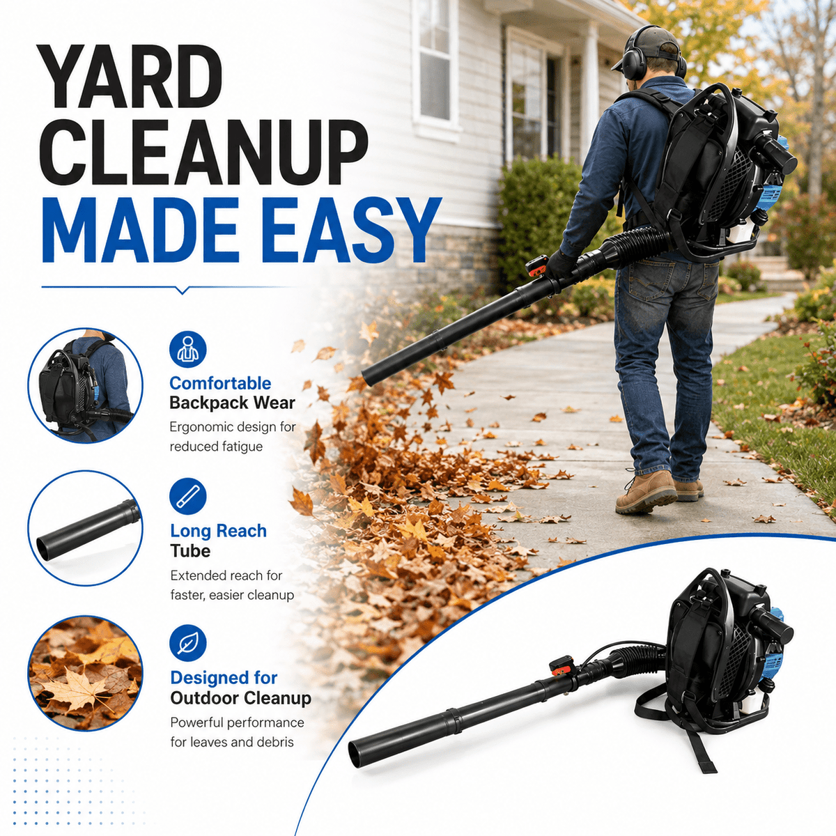 Gas Backpack Blower for Yard Cleanup, 75.6CC 2-Cycle Leaf Blower with Comfortable Harness, Adjustable Tube, Powerful Airflow for Leaves, Grass, Driveways and Outdoor Maintenance