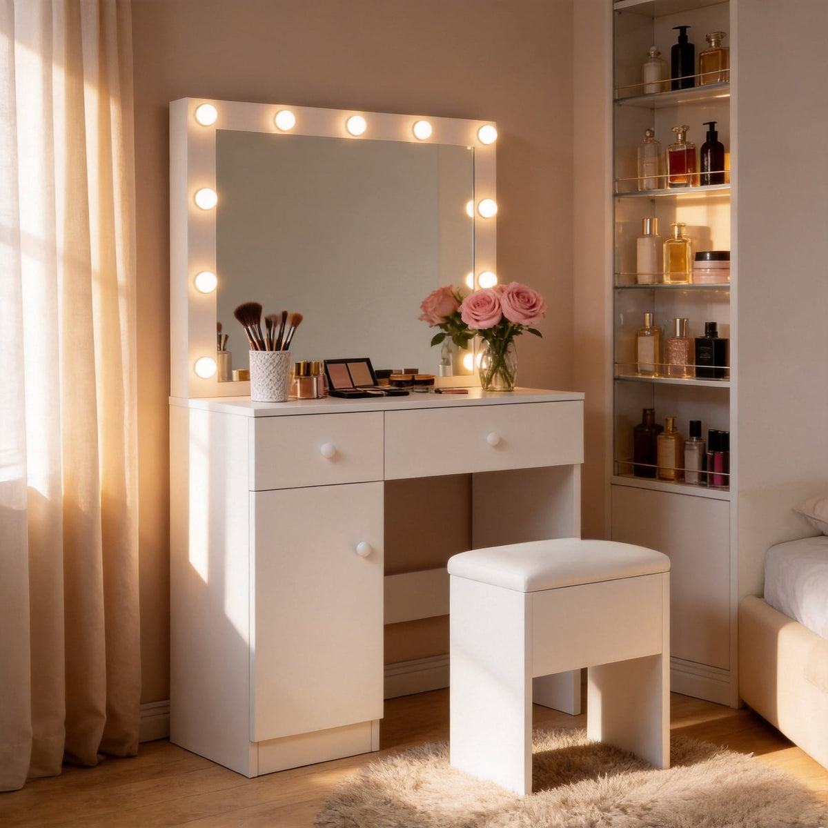 32" Vanity Desk with Large Mirror, LED Lights, AC Outlet, USB Ports, Make up Vanity Desk with Mirror and Lights andDrawer & Storage Cabinet, Vanity Set with Cushioned Stool