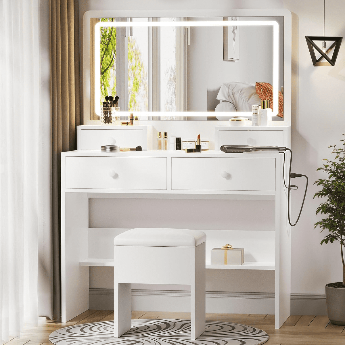White Vanity Desk with Mirror and Power Outlet, Makeup Vanity with Adjustable Brightness and 3 Lighting Modes, Dressing Table Set with 4 Drawers, Storage Chair for Bedroom