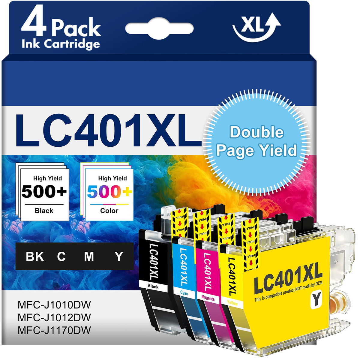 LC401 LC401XL Ink Cartridge for Brother LC401 LC401XL Ink for Brother MFC-J1010DW MFC-J1012DW MFC-J1170DW Printer (Black Cyan Magenta Yellow, 4 Pack)