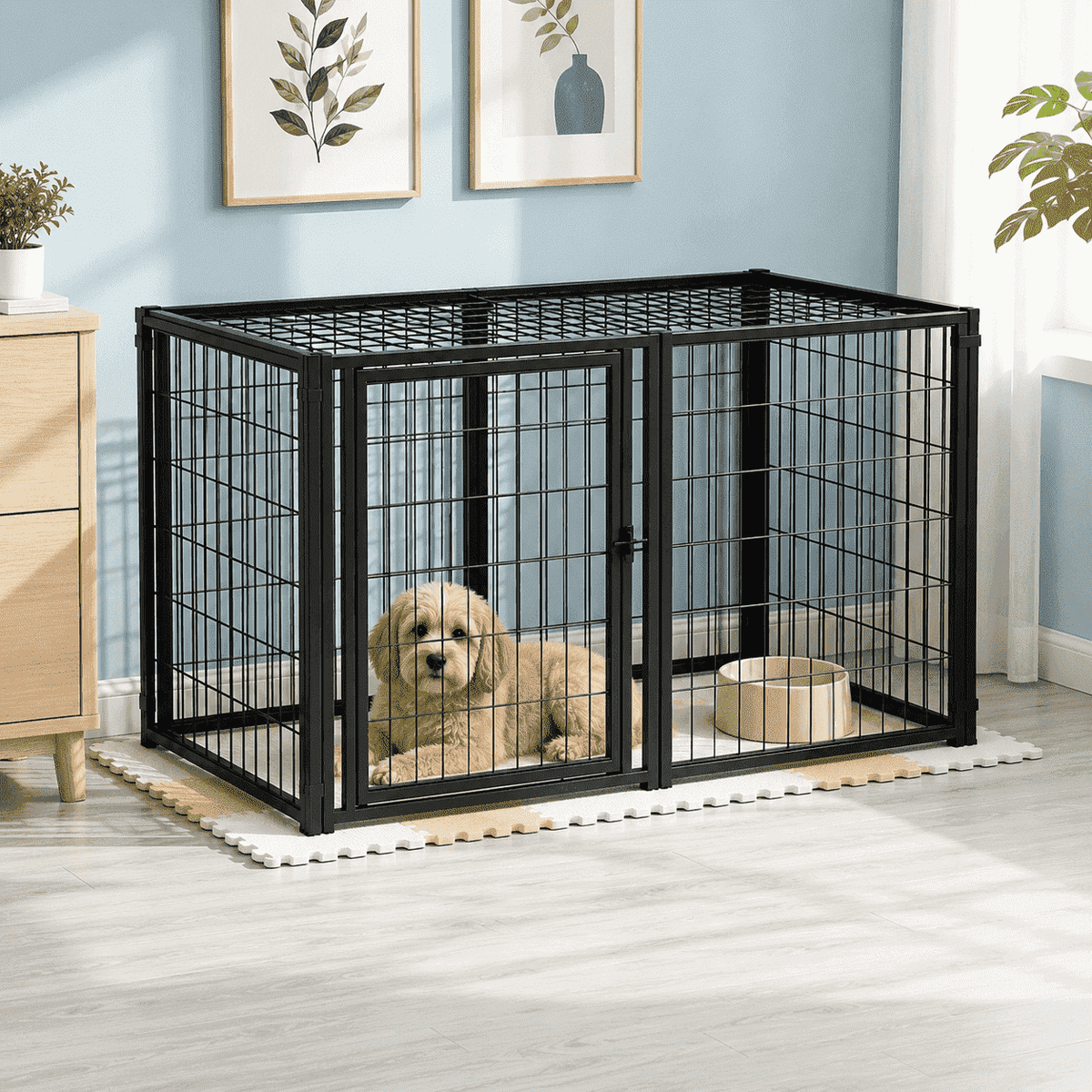 Dog Cage 48" Dog Kennel for Medium Dogs & Cat Puppy Dog Playpen with Top Indoor, Black.48"L x 23.6"W x 27.6"H.