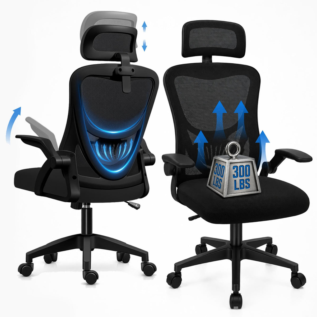 Ergonomic Office Chair High Back Mesh Desk Chair with Headrest Adjustable Armrest Height,Black