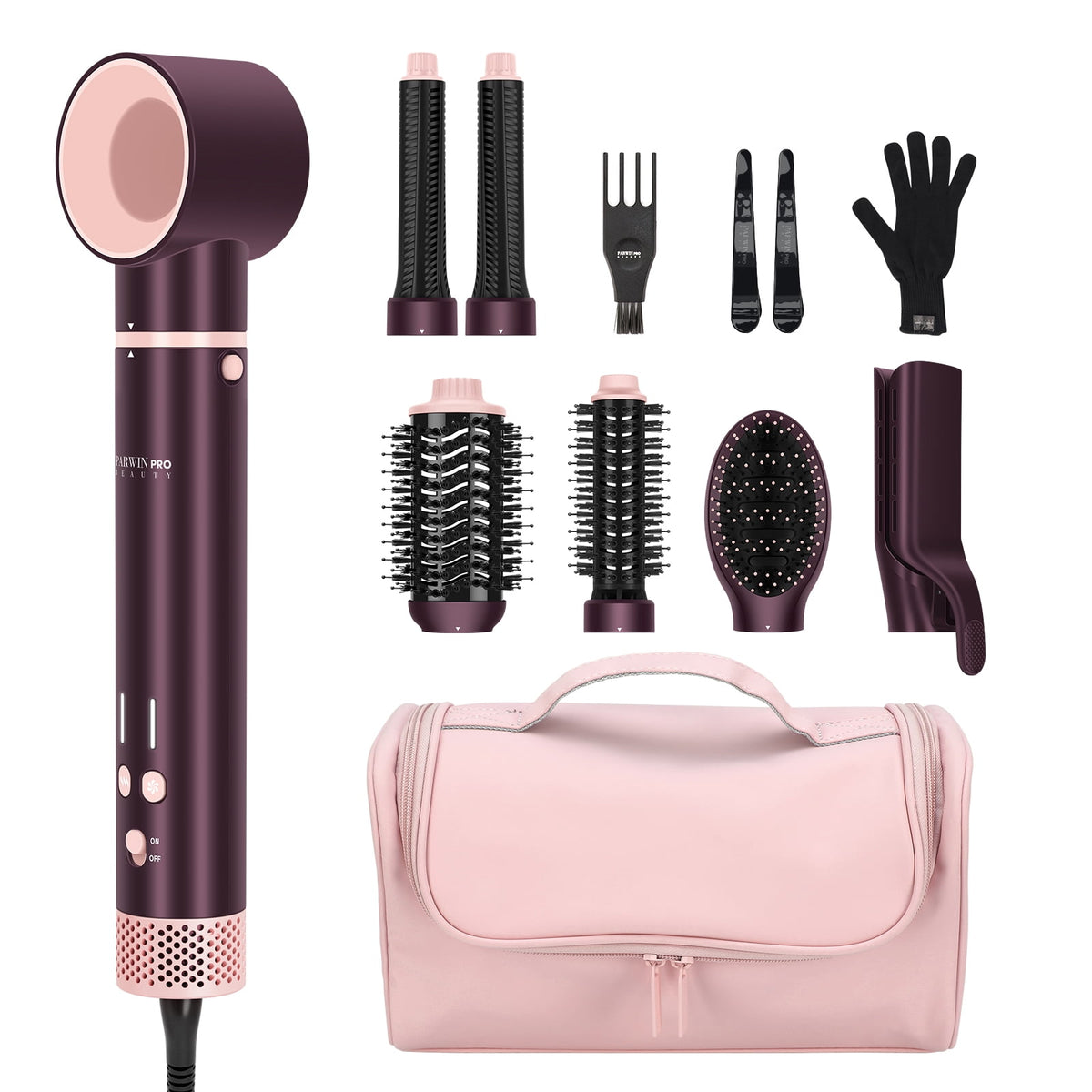 Dual Voltage 7-in-1 Hair Air Styler, Hot Air Multi-Styler with Air Straightener & 28mm Auto Wrap Curlers for Frizz-Free, Less Heat Damage, Jasper Plum