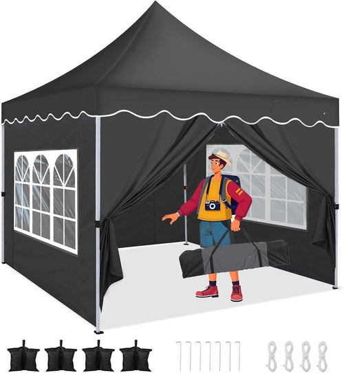 10' x 10' Pop up Canopy Party Tent with 4 Removable Sidewalls, Wave Eave Outdoor Waterproof Patio Gazebo Tent with Carry Bag, Backyards Camping Picnics, Black