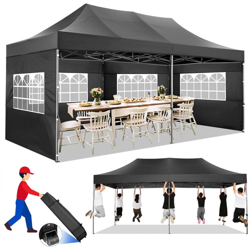 10x20 FT EZ Pop Up Canopy Anti-UV Waterproof Outdoor Tent Portable Party Commercial Instant Canopy Shelter Height Adjustable Tent Gazebo with 6 Removable Sidewalls, 4 Sandbags, Roller Bag
