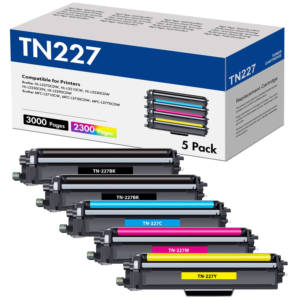 TN227 Toner Cartridge Compatible for Brother TN-227 TN223 TN227BK for MFC-L3770CDW HL-L3230CDW HL-L3270CDW HL-L3210CW HL-L3290CDW MFC-L3750CDW Printer (5-Pack With Chip)