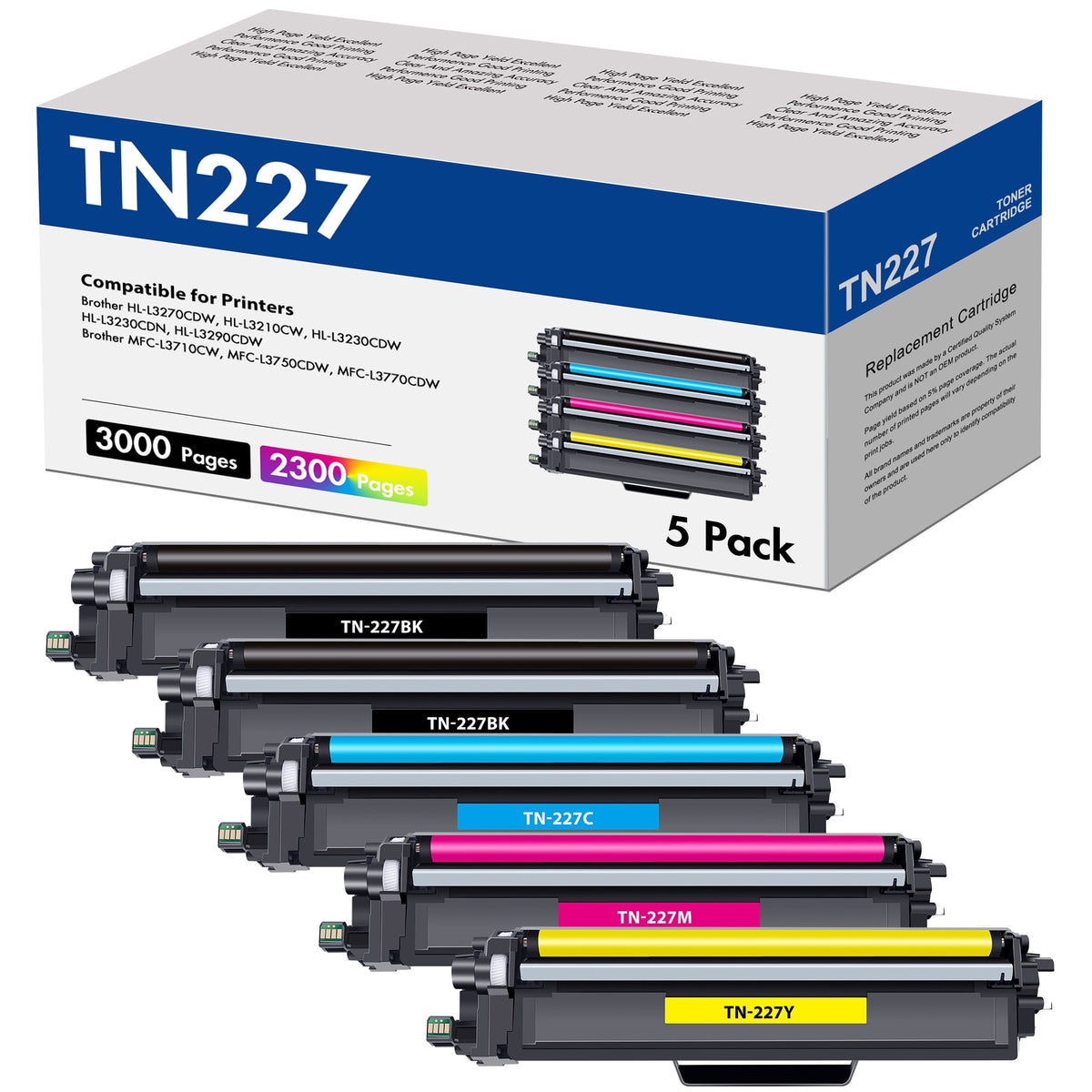 TN227 Toner Cartridge Compatible for Brother TN-227 TN223 TN227BK for MFC-L3770CDW HL-L3230CDW HL-L3270CDW HL-L3210CW HL-L3290CDW MFC-L3750CDW Printer (5-Pack With Chip)