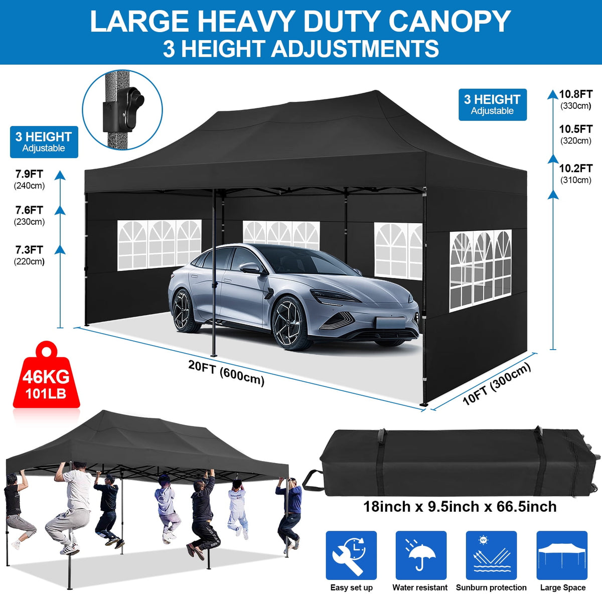 10x20 FT EZ Pop Up Canopy Anti-UV Waterproof Outdoor Tent Portable Party Commercial Instant Canopy Shelter Height Adjustable Tent Gazebo with 6 Removable Sidewalls, 4 Sandbags, Roller Bag
