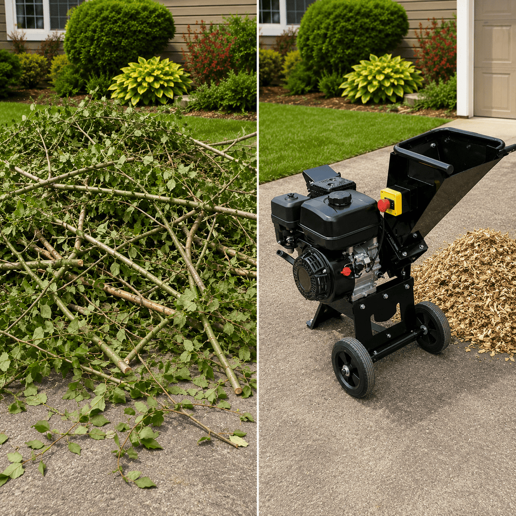 Gas Powered Wood Chipper Shredder, Heavy Duty Outdoor Branch Mulcher with Large Hopper, Portable Yard Waste Chipper for Tree Trimming, Garden and Backyard Cleanup