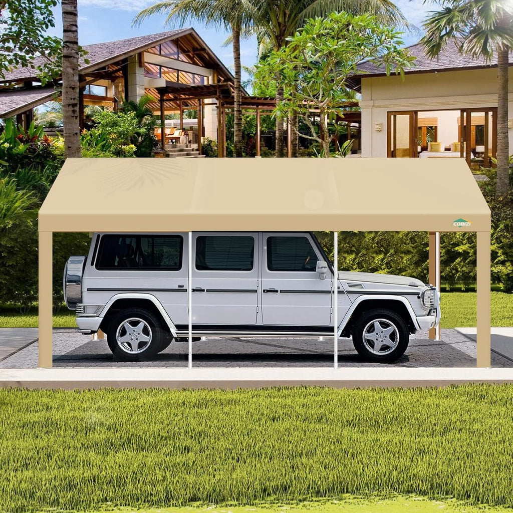 10x20ft Carport Heavy Duty, Portable Car Garage with Built-in Sandbags, Waterproof Car Canopy for Truck, Boat, SUV with All-Season Tarp, Khaki