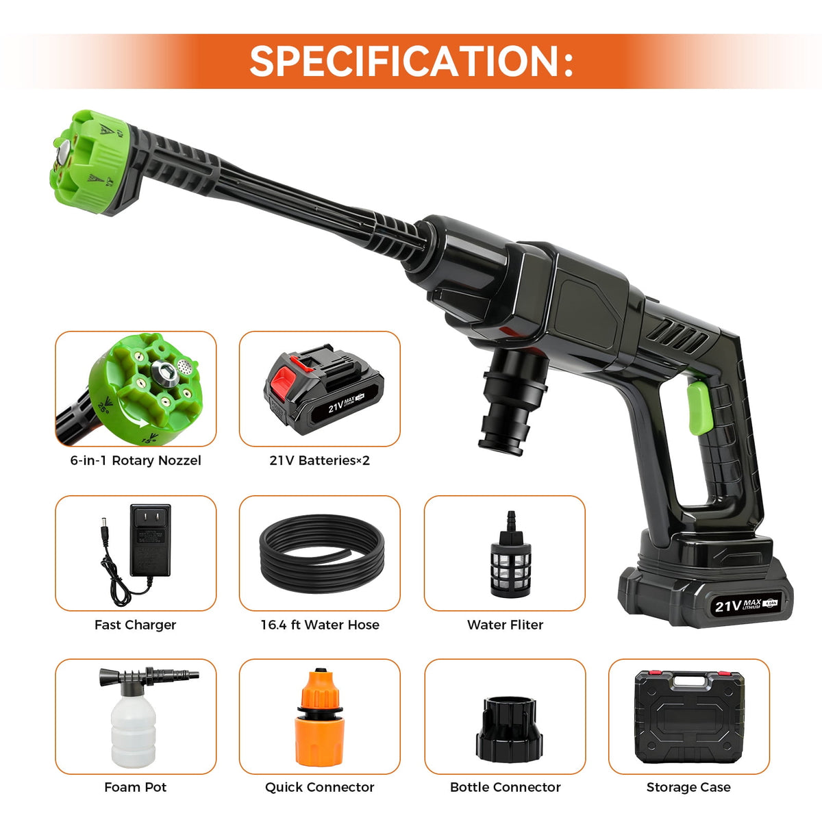 Cordless Pressure Washer, 500PSI Electric Power Washer, Portable Power Washer with 6-in-1 Adjustable Nozzle, Power Cleaner with 16.4ft Hose for Cars/Patios