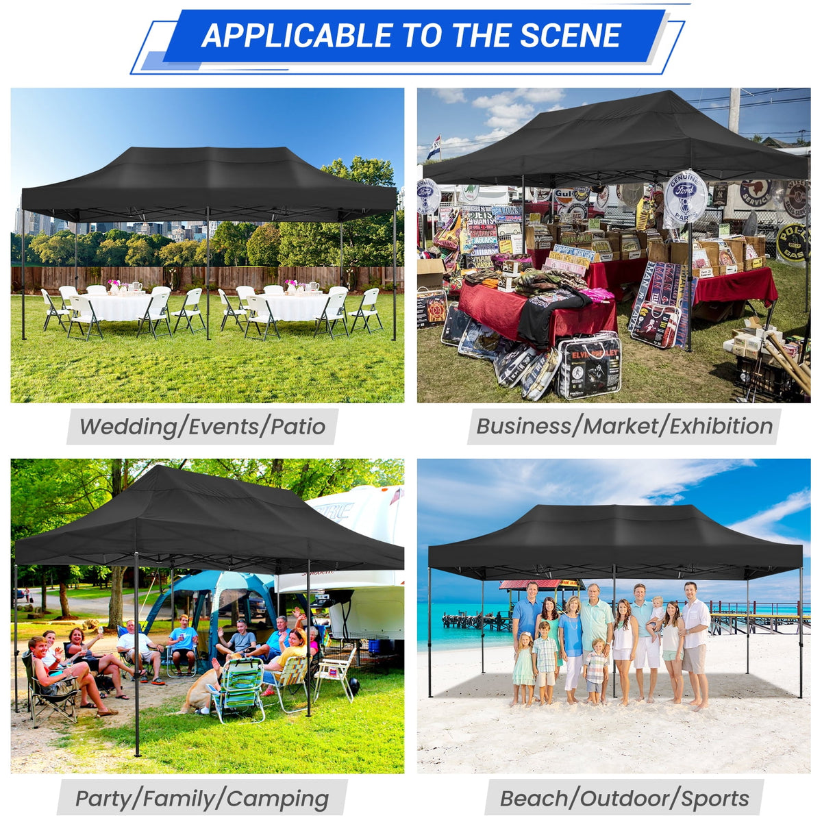 10x20 FT EZ Pop Up Canopy Anti-UV Waterproof Outdoor Tent Portable Party Commercial Instant Canopy Shelter Height Adjustable Tent Gazebo with 6 Removable Sidewalls, 4 Sandbags, Roller Bag