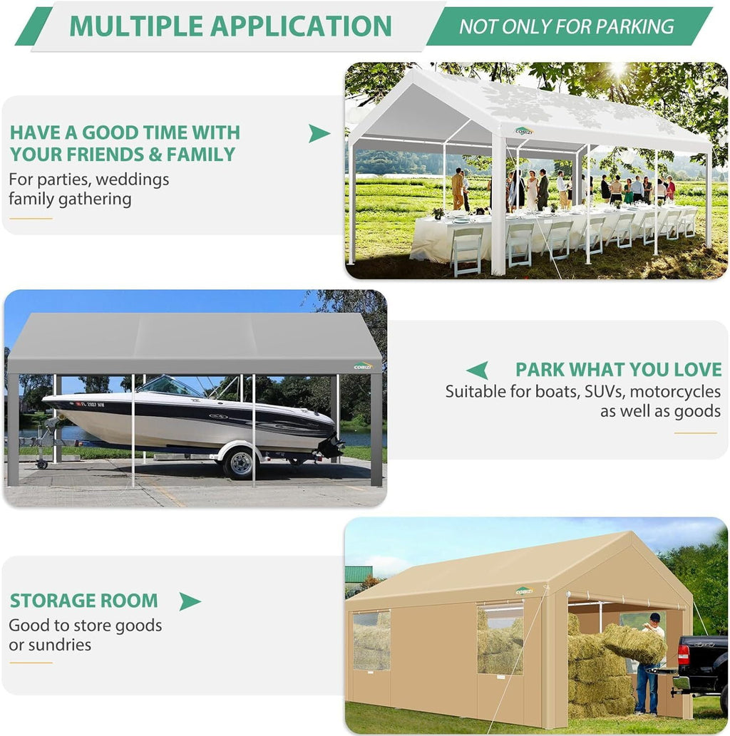 10x20ft Carport Heavy Duty, Portable Car Garage with Built-in Sandbags, Waterproof Car Canopy for Truck, Boat, SUV with All-Season Tarp, Khaki