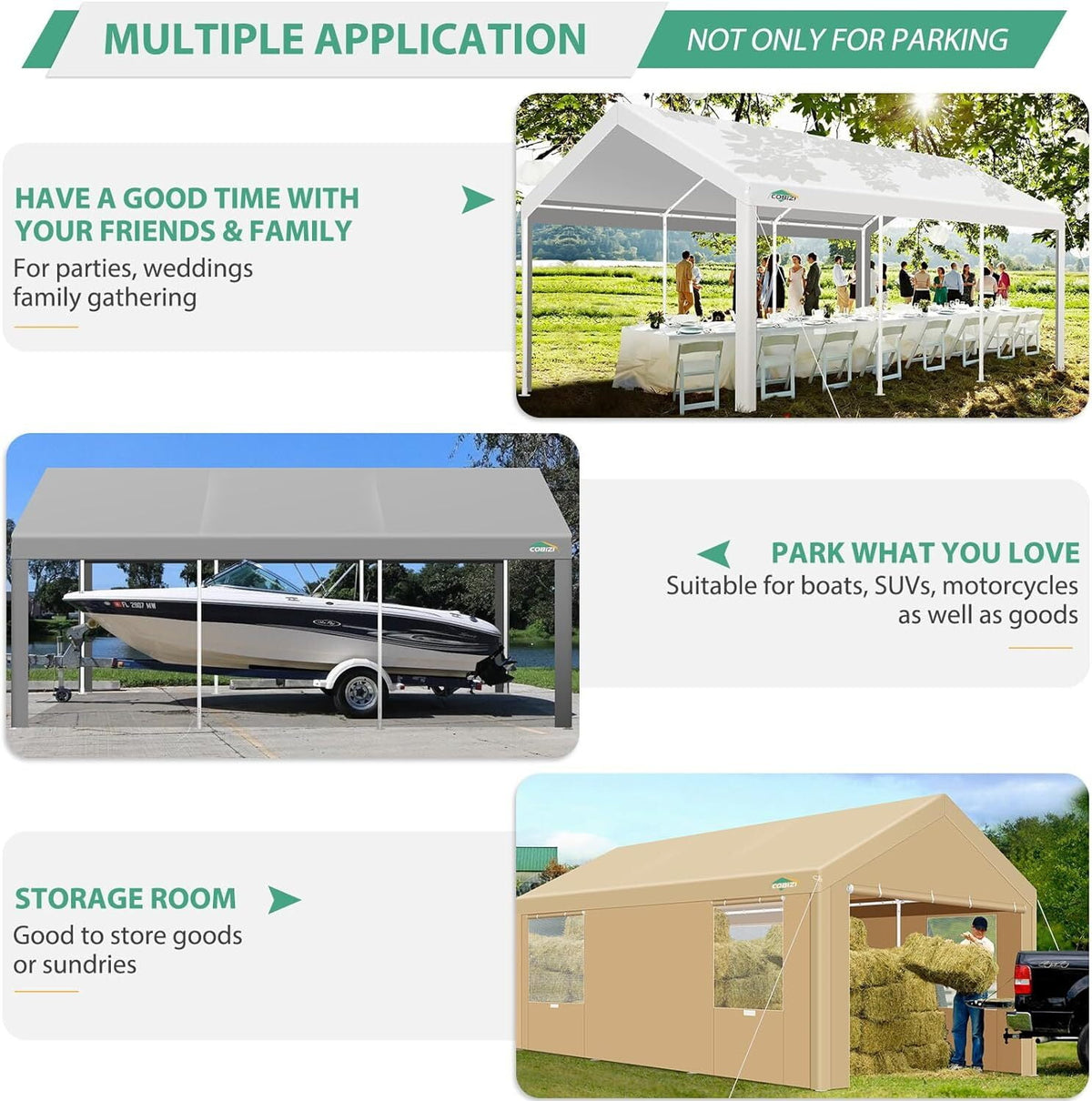 10x20ft Carport Heavy Duty, Portable Car Garage with Built-in Sandbags, Waterproof Car Canopy for Truck, Boat, SUV with All-Season Tarp, Khaki