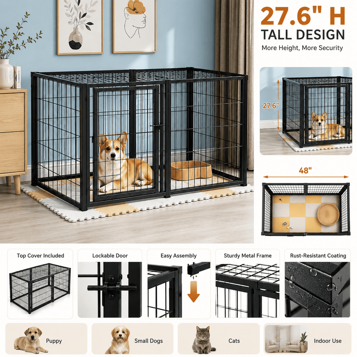 Dog Cage 48" Dog Kennel for Medium Dogs & Cat Puppy Dog Playpen with Top Indoor, Black.48"L x 23.6"W x 27.6"H.