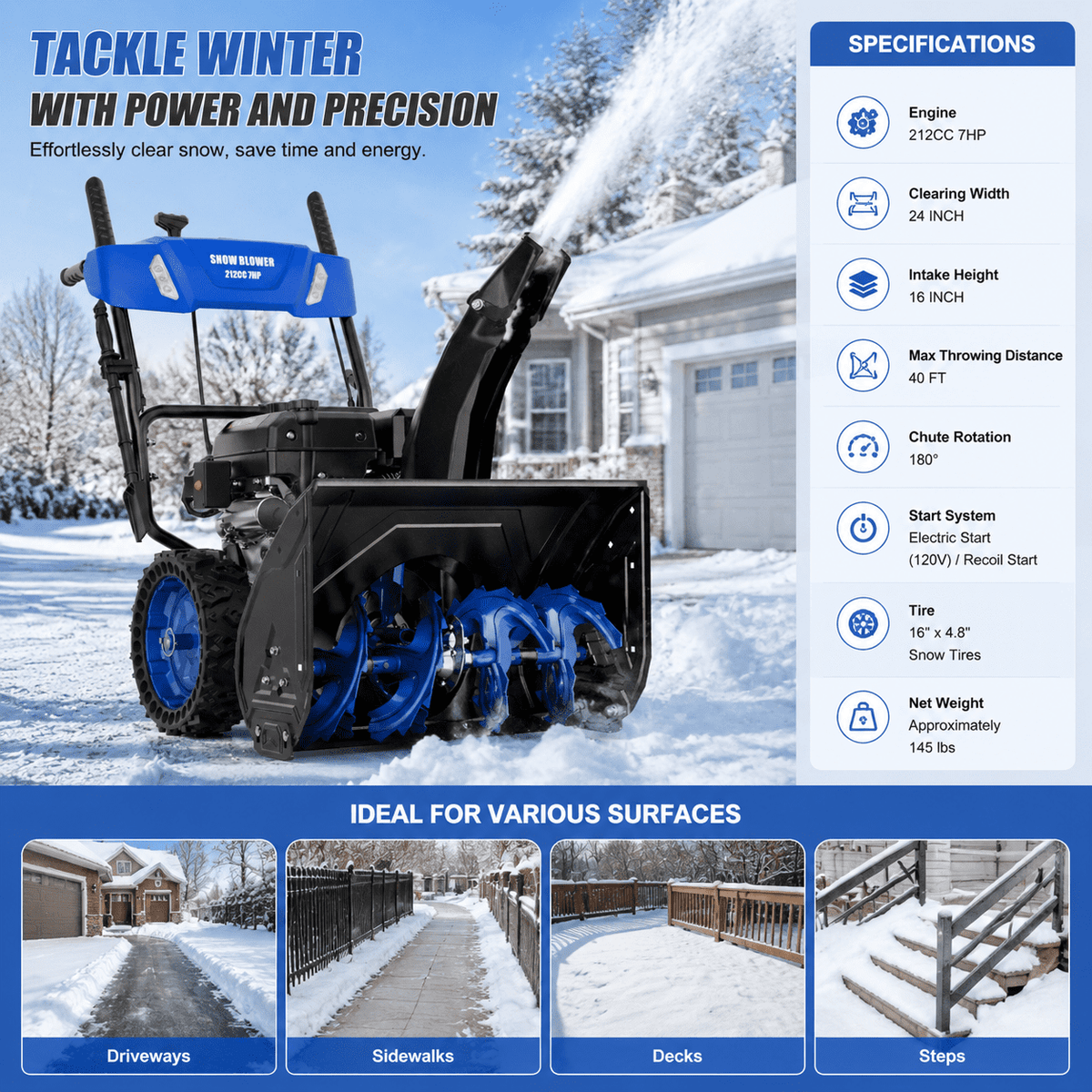212CC 7HP Gas Snow Blower, 24 Inch Two Stage Snow Blower with Electric Start, LED Headlight, 16 Inch Intake Height, Self Propelled Snow Thrower with 180° Adjustable Chute for Heavy Snow Driveways