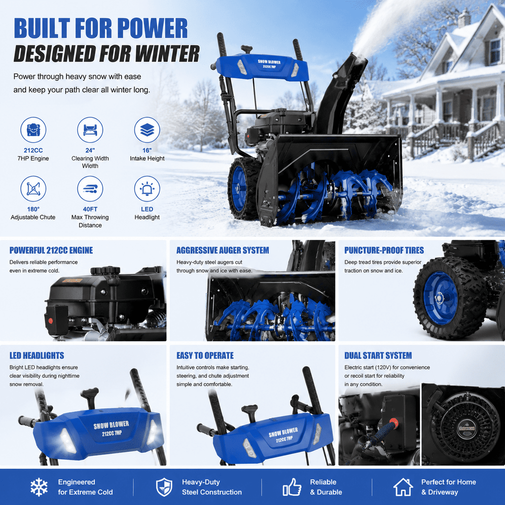 212CC 7HP Gas Snow Blower, 24 Inch Two Stage Snow Blower with Electric Start, LED Headlight, 16 Inch Intake Height, Self Propelled Snow Thrower with 180° Adjustable Chute for Heavy Snow Driveways