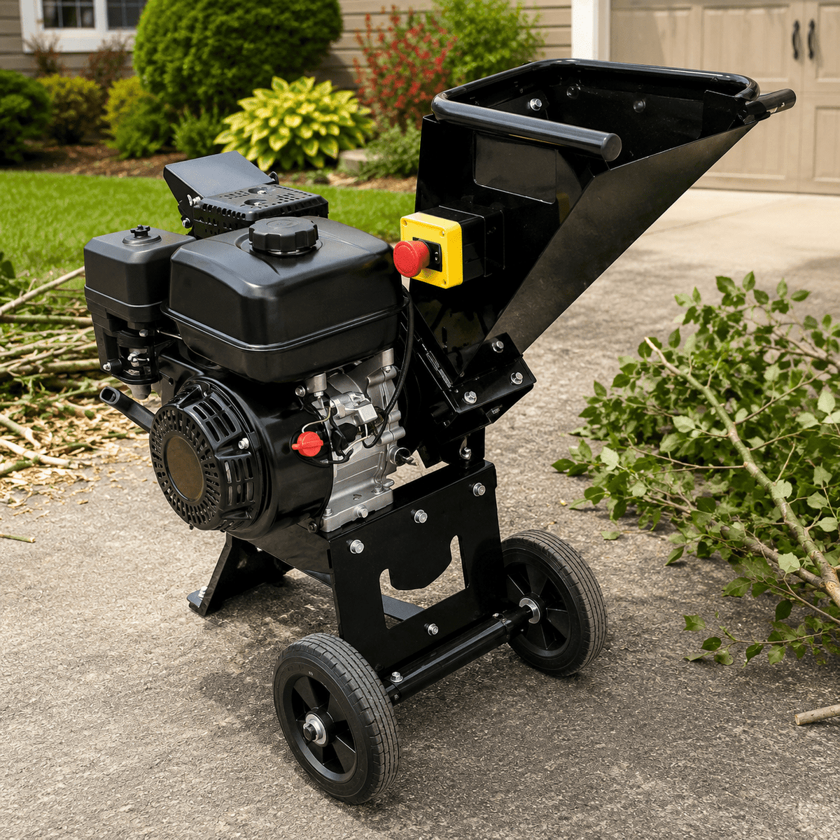 Gas Powered Wood Chipper Shredder, Heavy Duty Outdoor Branch Mulcher with Large Hopper, Portable Yard Waste Chipper for Tree Trimming, Garden and Backyard Cleanup
