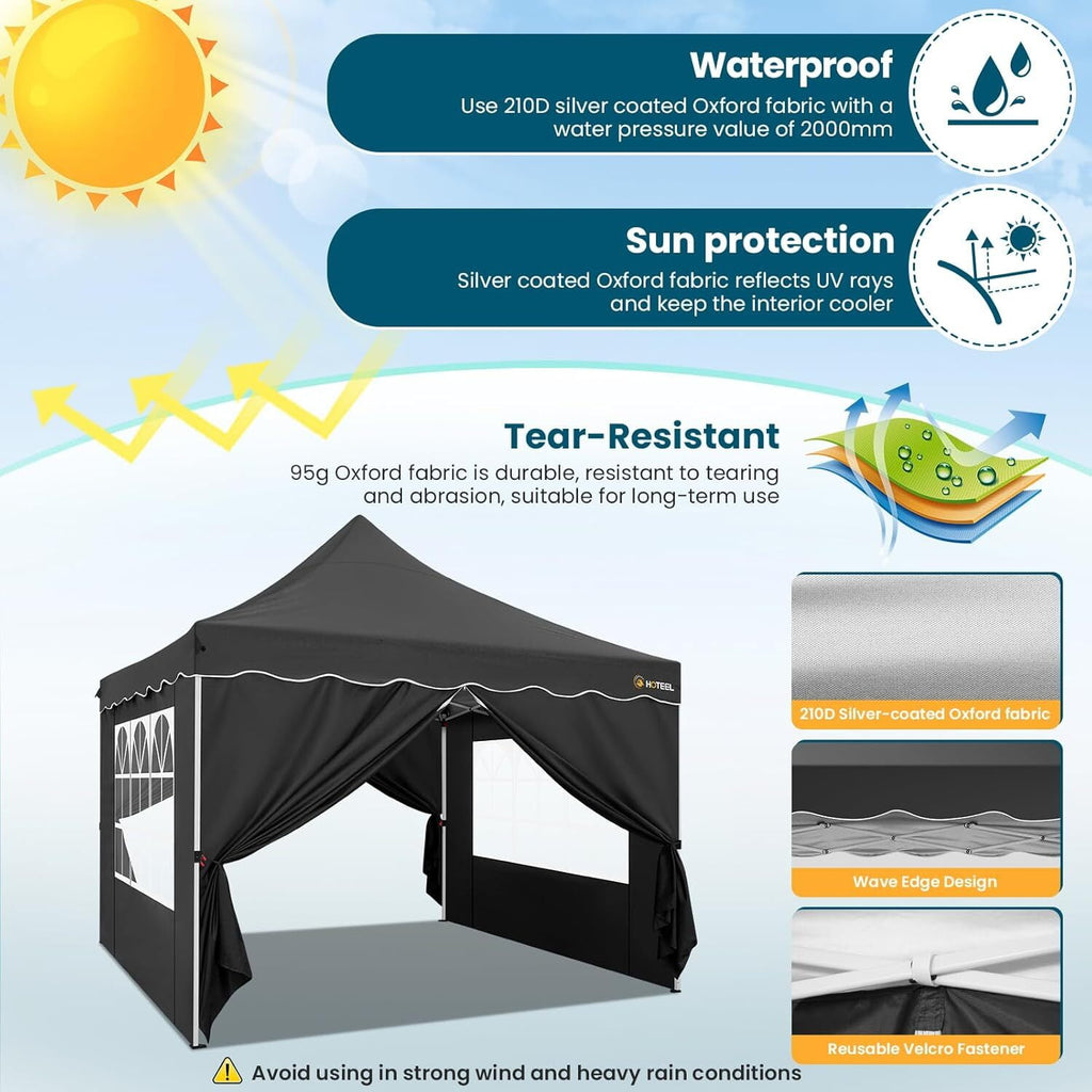 10' x 10' Pop up Canopy Party Tent with 4 Removable Sidewalls, Wave Eave Outdoor Waterproof Patio Gazebo Tent with Carry Bag, Backyards Camping Picnics, Black