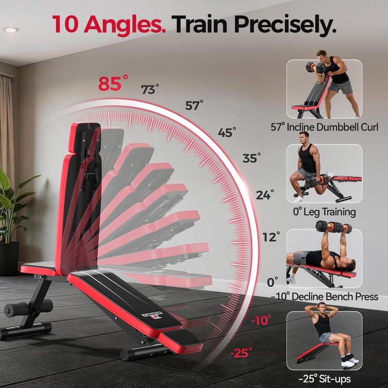 Adjustable Weight Bench with Headrest，Dual-Support Workout Bench with 10 Backrests and 660LBS Weight Capacity