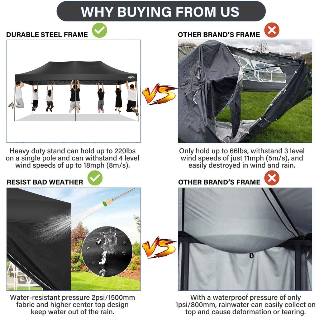 10x20 FT Heavy Duty Pop Up Canopy Tent, Reinforced Frame Holds 220 LBS Per Leg, 6 Removable Sidewalls, Waterproof and Windproof for Backyard, Trade Show, Wedding and Outdoor Party, Black