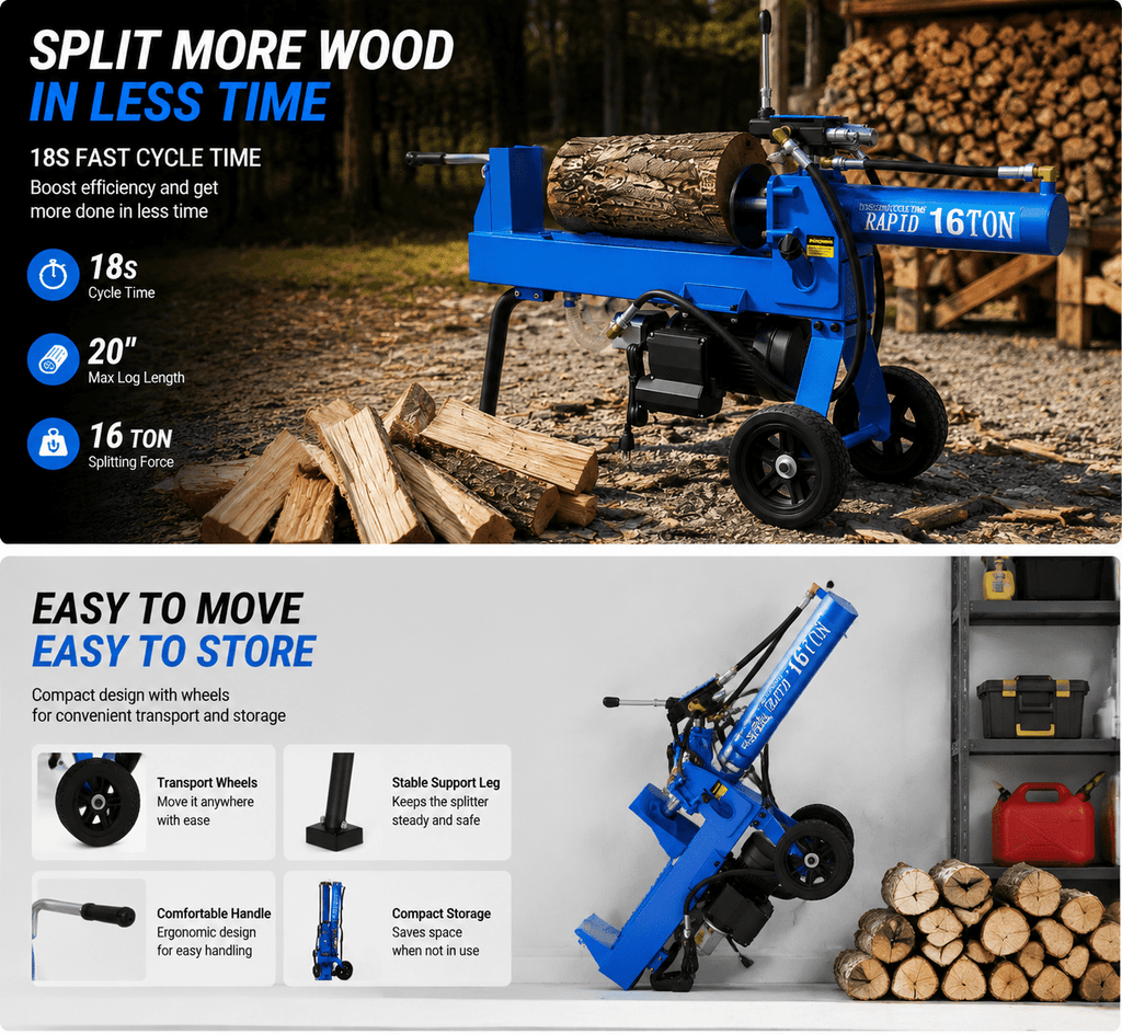 16 Ton Electric Log Splitter, Hydraulic Wood Splitter with 18-Second Cycle Time, 20-Inch Log Capacity, Portable Wheels and Heavy-Duty Steel Frame for Home Firewood Cutting