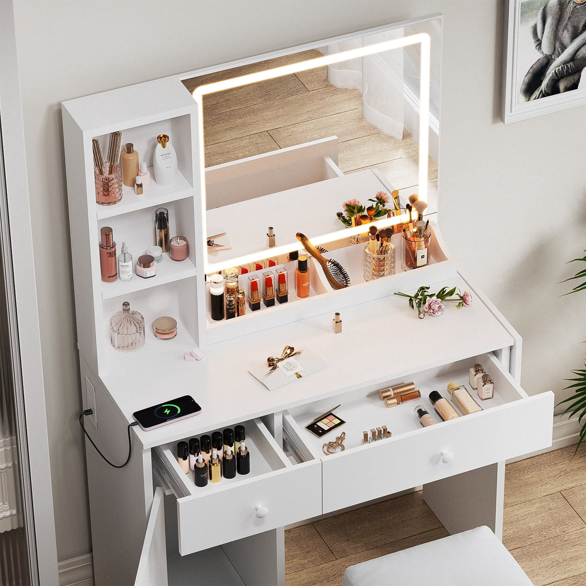 White Vanity Desk with Mirror and Lights, Makeup Vanity with Charging Station and 3 Lighting Modes, Dressing Table Set with Storage Cabinet, Drawers and Chair for Girls Bedroom
