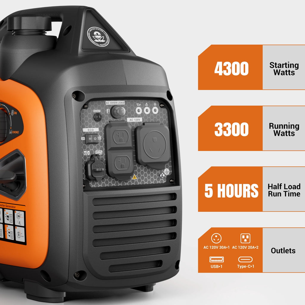 4300W Portable Inverter Generator, Gas Generator for Outdoor Camping and Home Backup Use, Super Quiet Low Oil Shutdown, ECO Mode