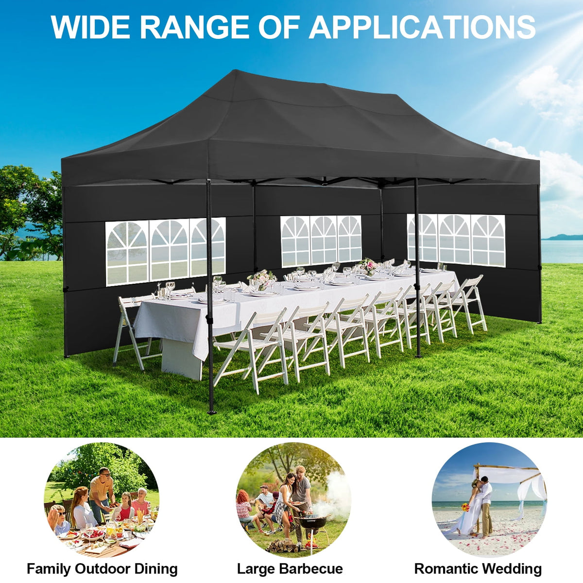 10x20 FT EZ Pop Up Canopy Anti-UV Waterproof Outdoor Tent Portable Party Commercial Instant Canopy Shelter Height Adjustable Tent Gazebo with 6 Removable Sidewalls, 4 Sandbags, Roller Bag