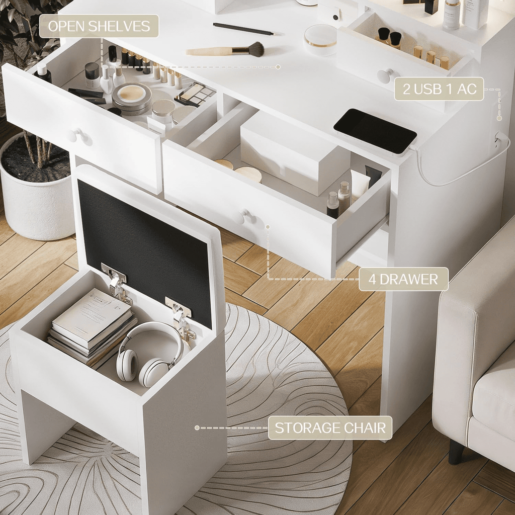 White Vanity Desk with Mirror and Power Outlet, Makeup Vanity with Adjustable Brightness and 3 Lighting Modes, Dressing Table Set with 4 Drawers, Storage Chair for Bedroom