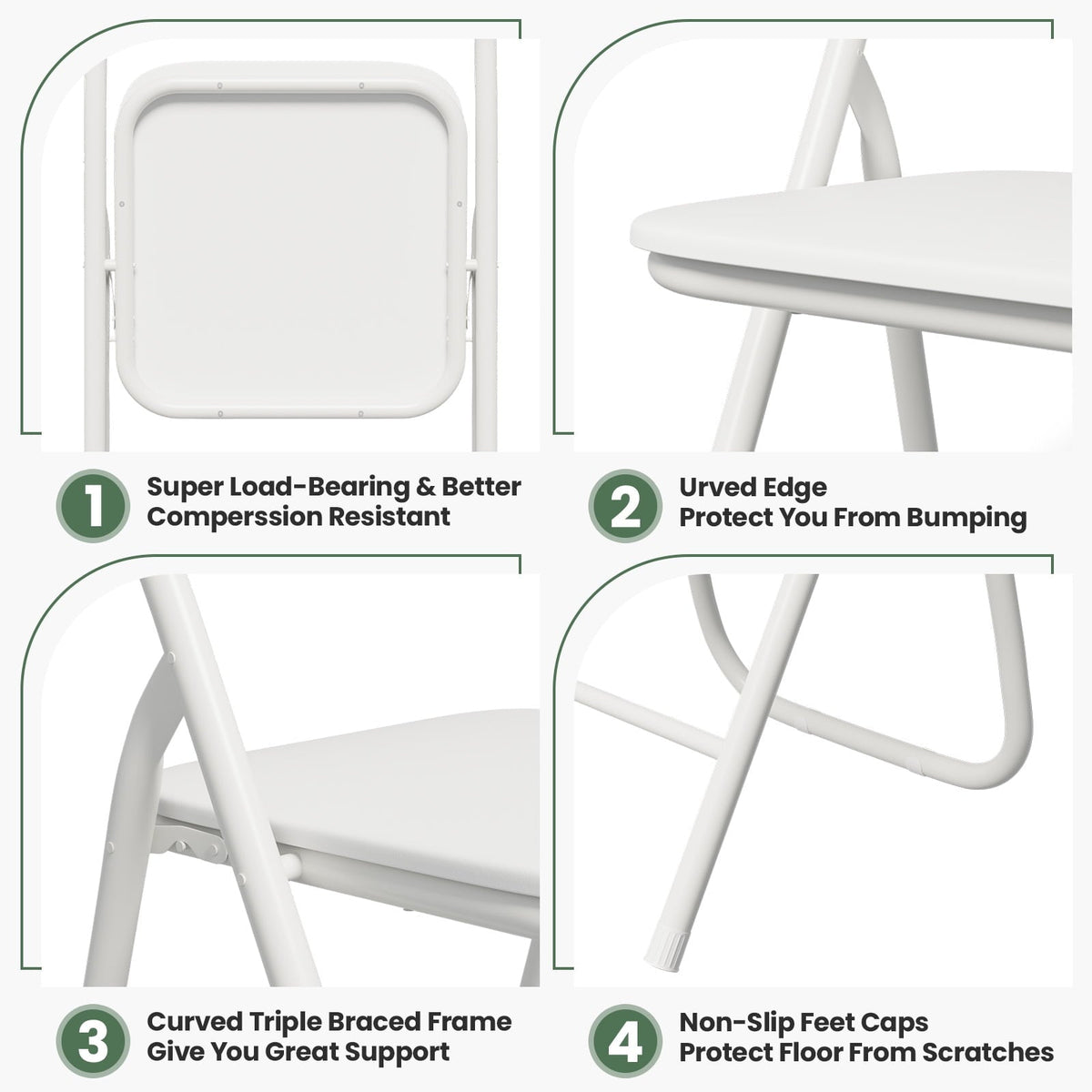 Gelloan 4 Pack Folding Chairs, Leather Padded Seat with Metal Frame Home Office Party Use,White
