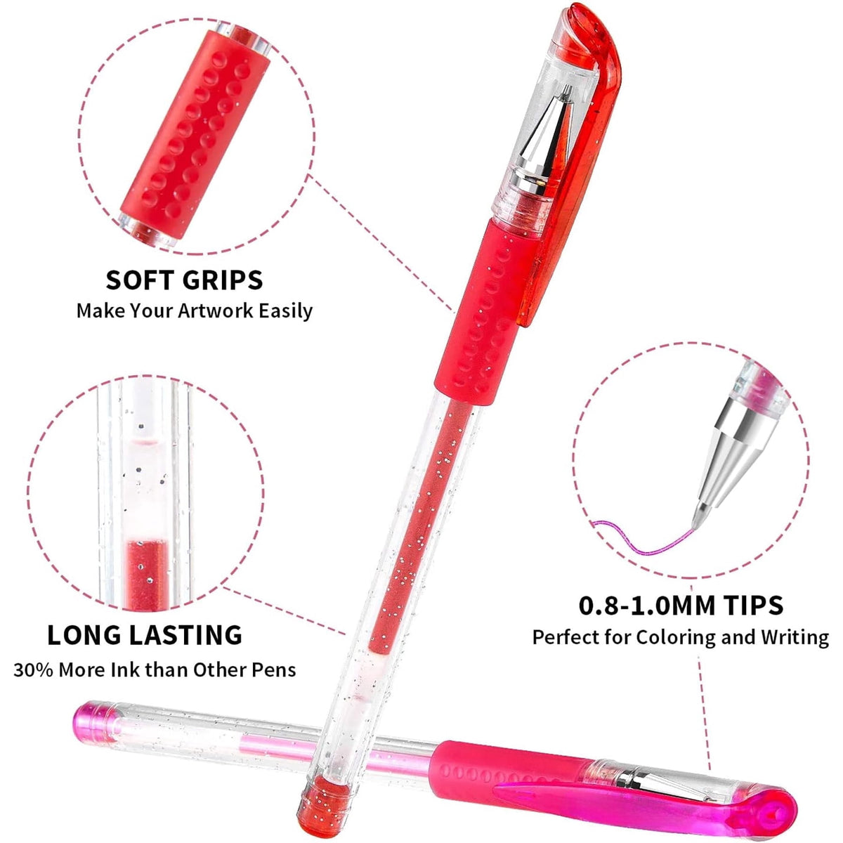 Glitter Pens , 100 Pack Sparkle Gel Pens Vibrant Color Set with Case for Adult Coloring, Drawing, Doodling & Crafts, Durable & Comfortable Grip
