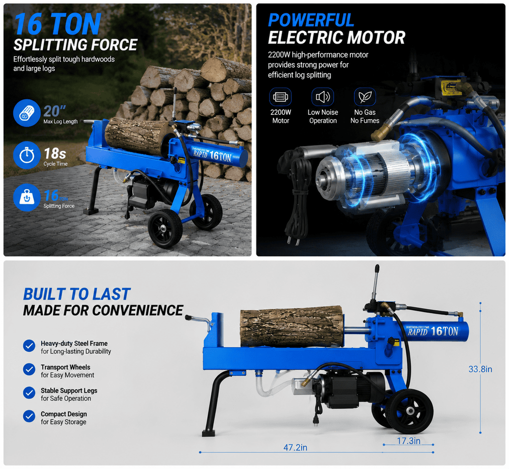 16 Ton Electric Log Splitter, Hydraulic Wood Splitter with 18-Second Cycle Time, 20-Inch Log Capacity, Portable Wheels and Heavy-Duty Steel Frame for Home Firewood Cutting