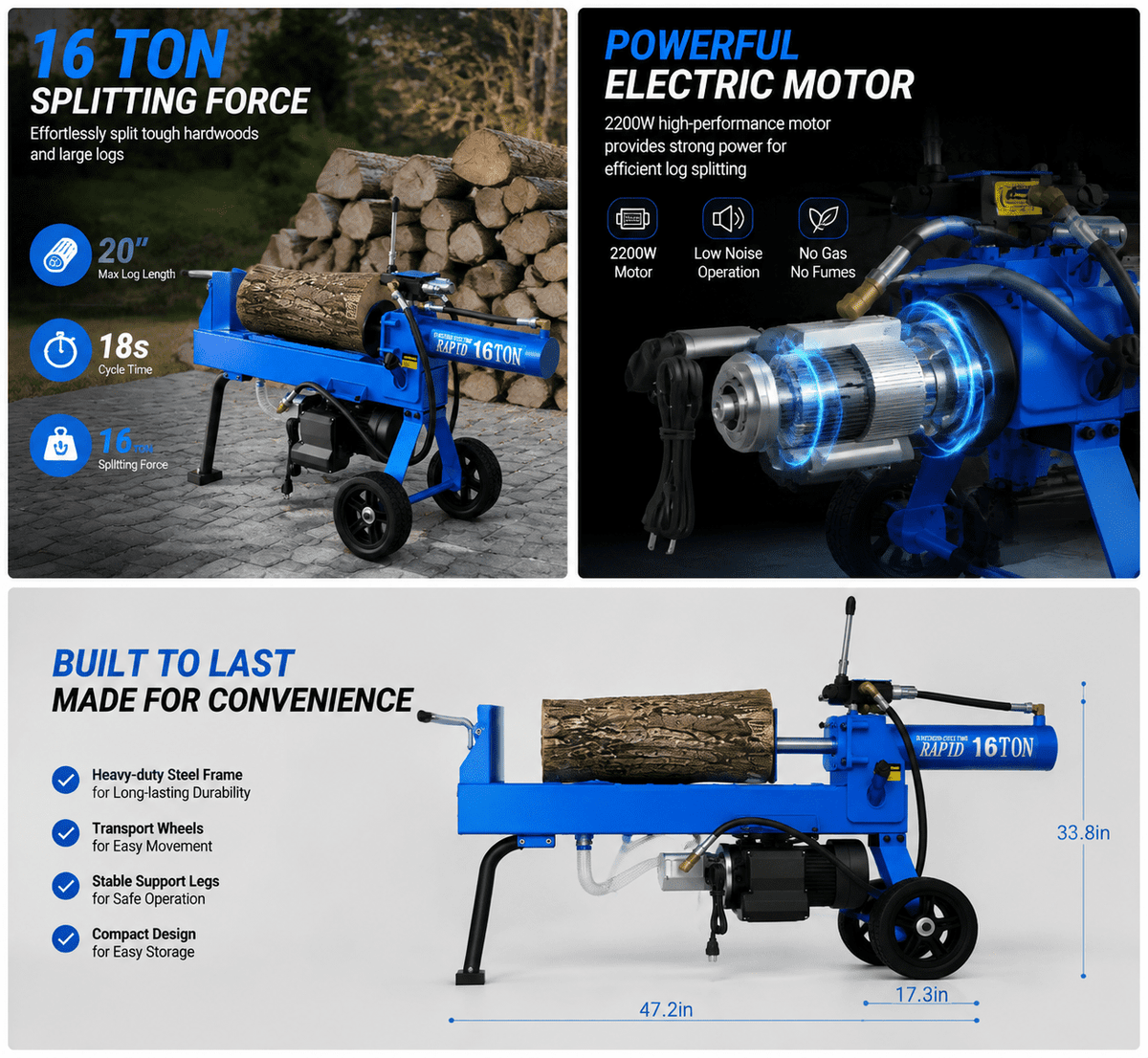 16 Ton Electric Log Splitter, Hydraulic Wood Splitter with 18-Second Cycle Time, 20-Inch Log Capacity, Portable Wheels and Heavy-Duty Steel Frame for Home Firewood Cutting