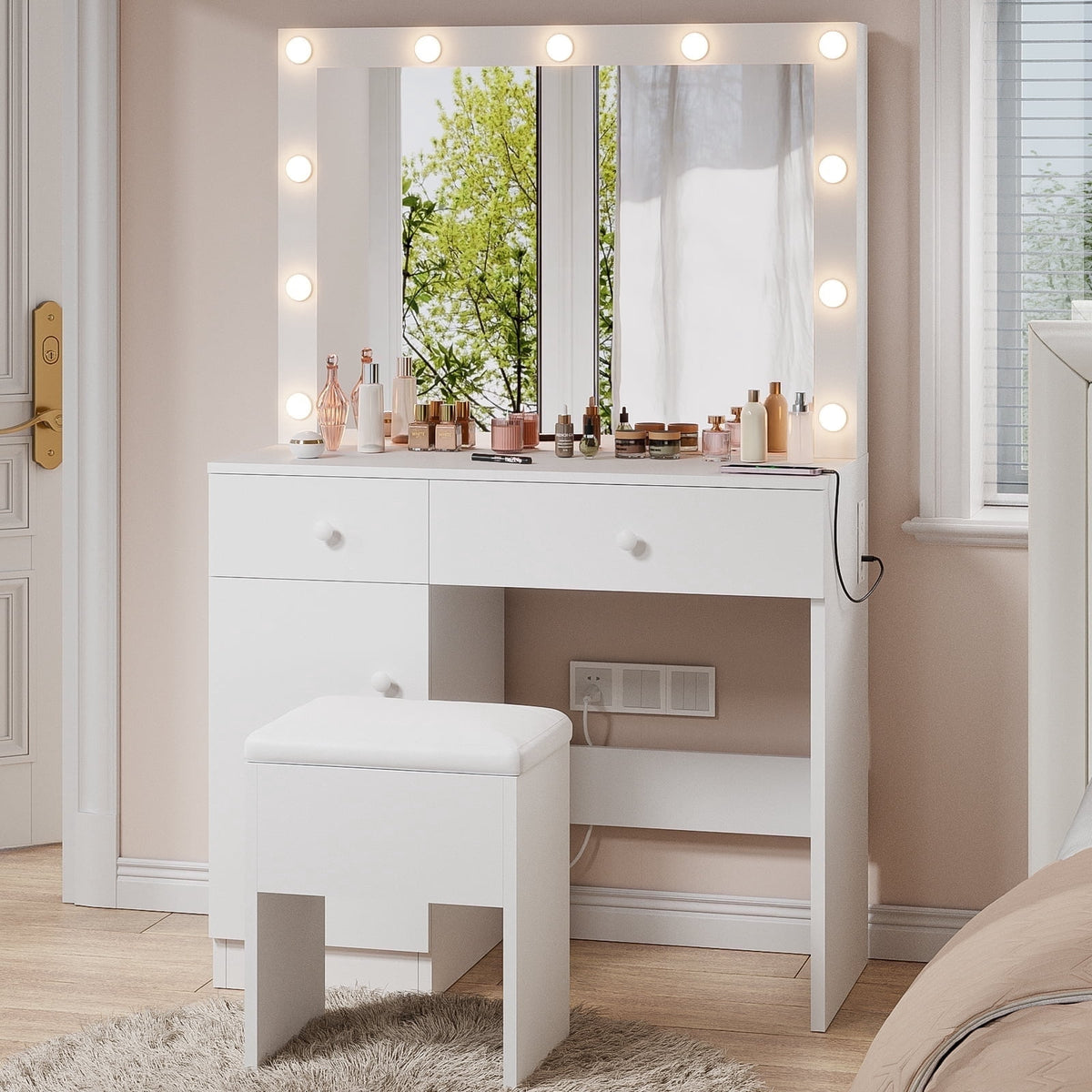 32" Vanity Desk with Large Mirror, LED Lights, AC Outlet, USB Ports, Make up Vanity Desk with Mirror and Lights andDrawer & Storage Cabinet, Vanity Set with Cushioned Stool