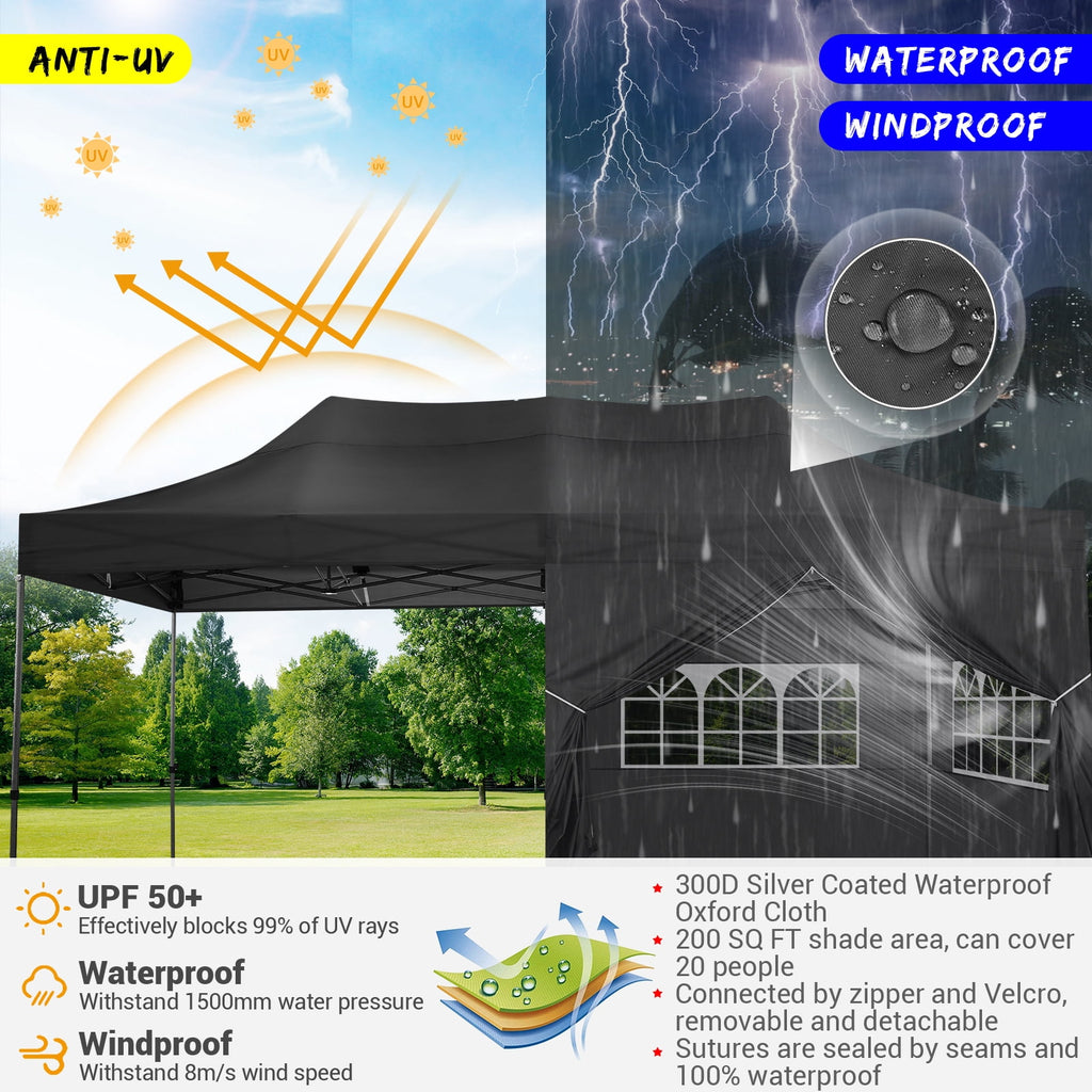 10x20 FT EZ Pop Up Canopy Anti-UV Waterproof Outdoor Tent Portable Party Commercial Instant Canopy Shelter Height Adjustable Tent Gazebo with 6 Removable Sidewalls, 4 Sandbags, Roller Bag