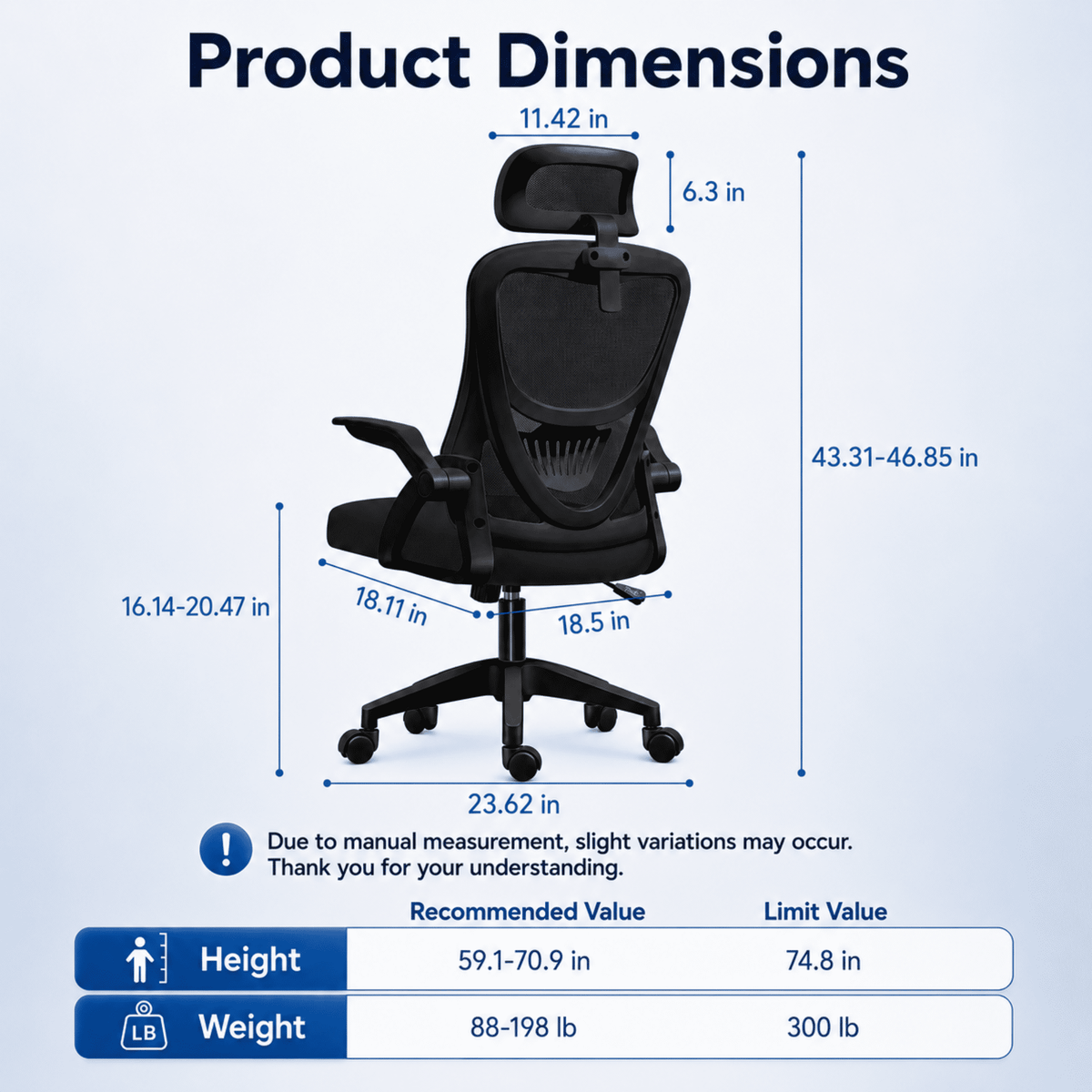 Ergonomic Office Chair High Back Mesh Desk Chair with Headrest Adjustable Armrest Height,Black