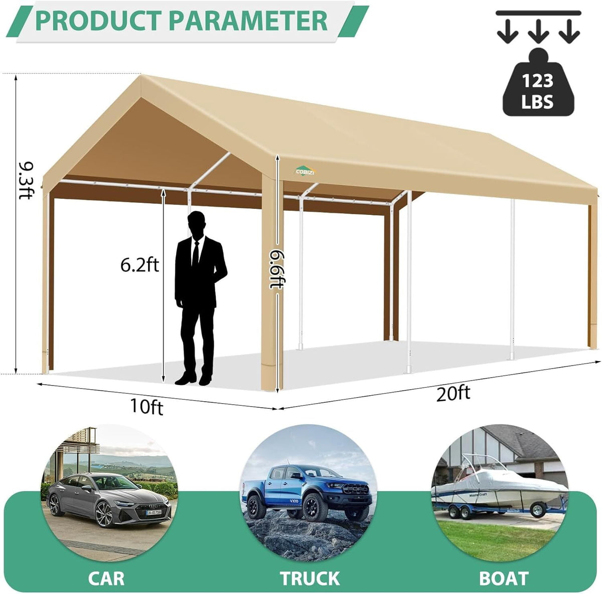 10x20ft Carport Heavy Duty, Portable Car Garage with Built-in Sandbags, Waterproof Car Canopy for Truck, Boat, SUV with All-Season Tarp, Khaki