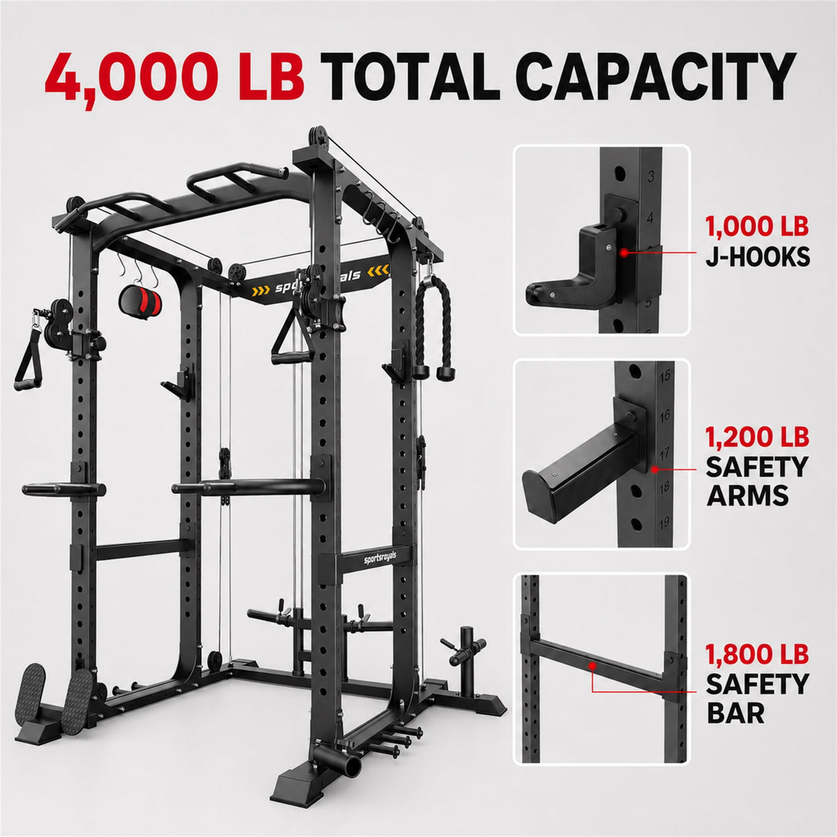 Power Rack, Multi Functional Power Cage with Cable Crossover System, LAT Pulldown, Squat Rack, Pull Up Bar, Dip Station, Home Gym Strength Training Equipment, Black